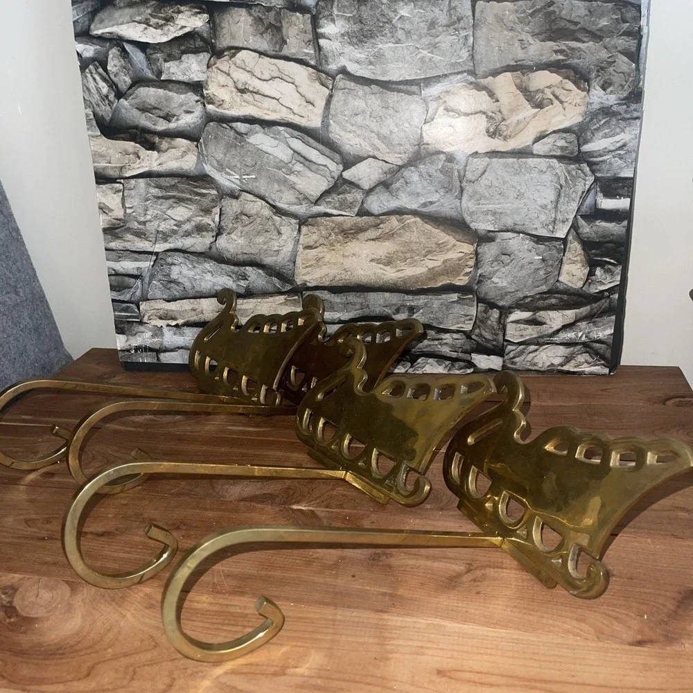 4 VTG Solid Brass Sleigh Stocking Holder Hanger Hook Long Arm Christmas Mantel